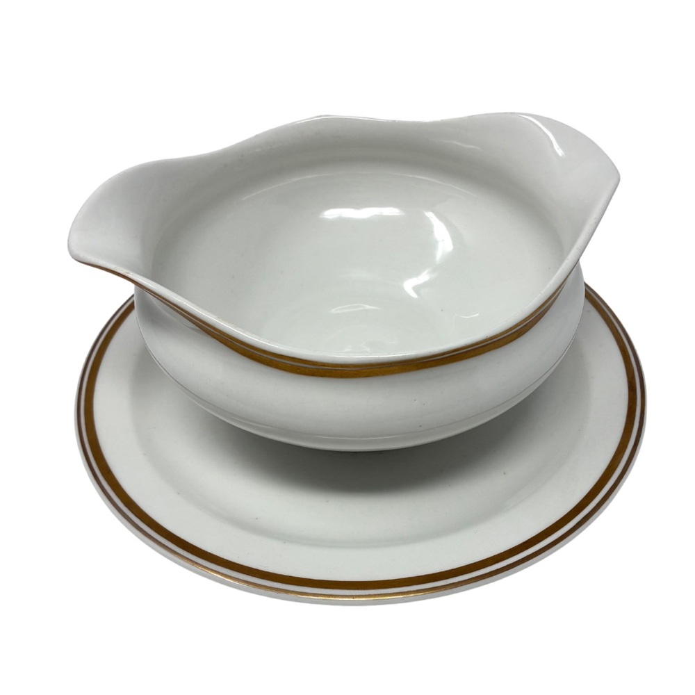 VTG OP CO Syracuse China Gravy Boat with Attached Plate White & Gold Old Colony